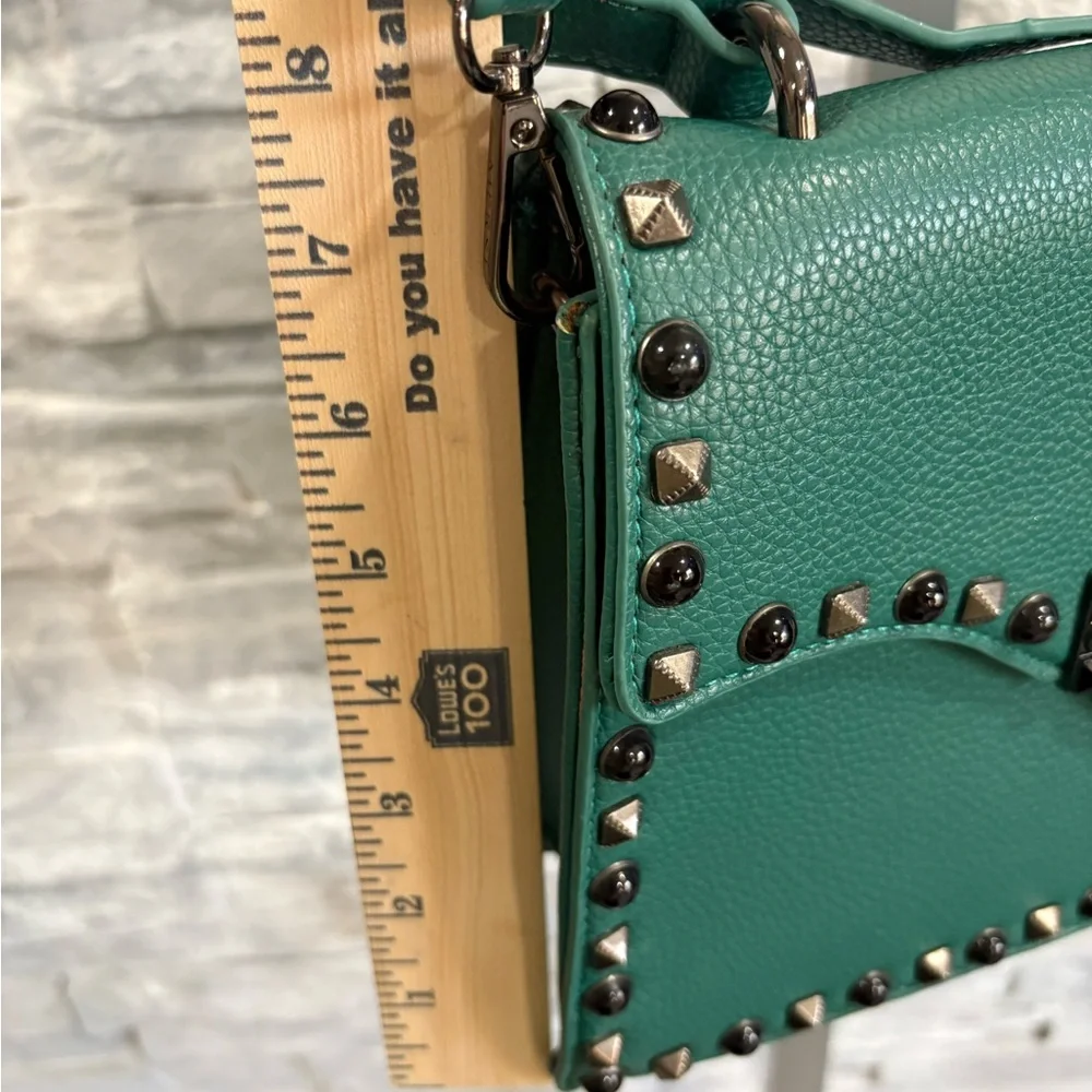 MERSI Teal Pebbled Leather Studded Crossbody Bag - Picture 9 of 10